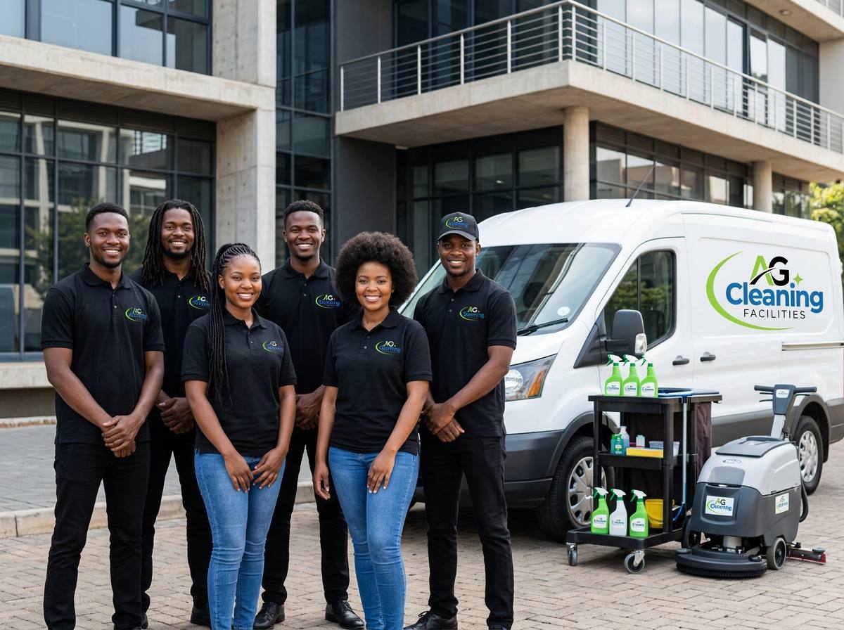 Uniformed AG Cleaning Facilities crew with branded van, cart and floor machine