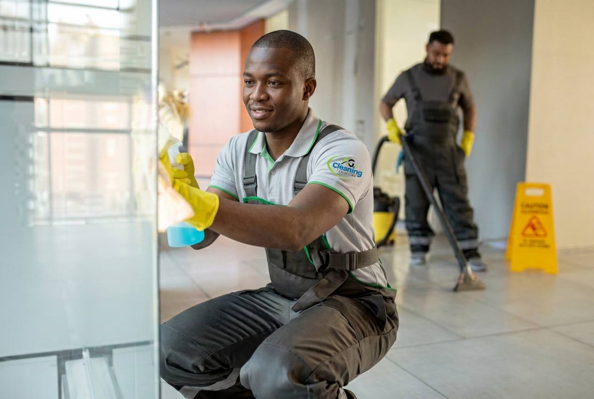 AG Cleaning Facilities technician detailing interior glass